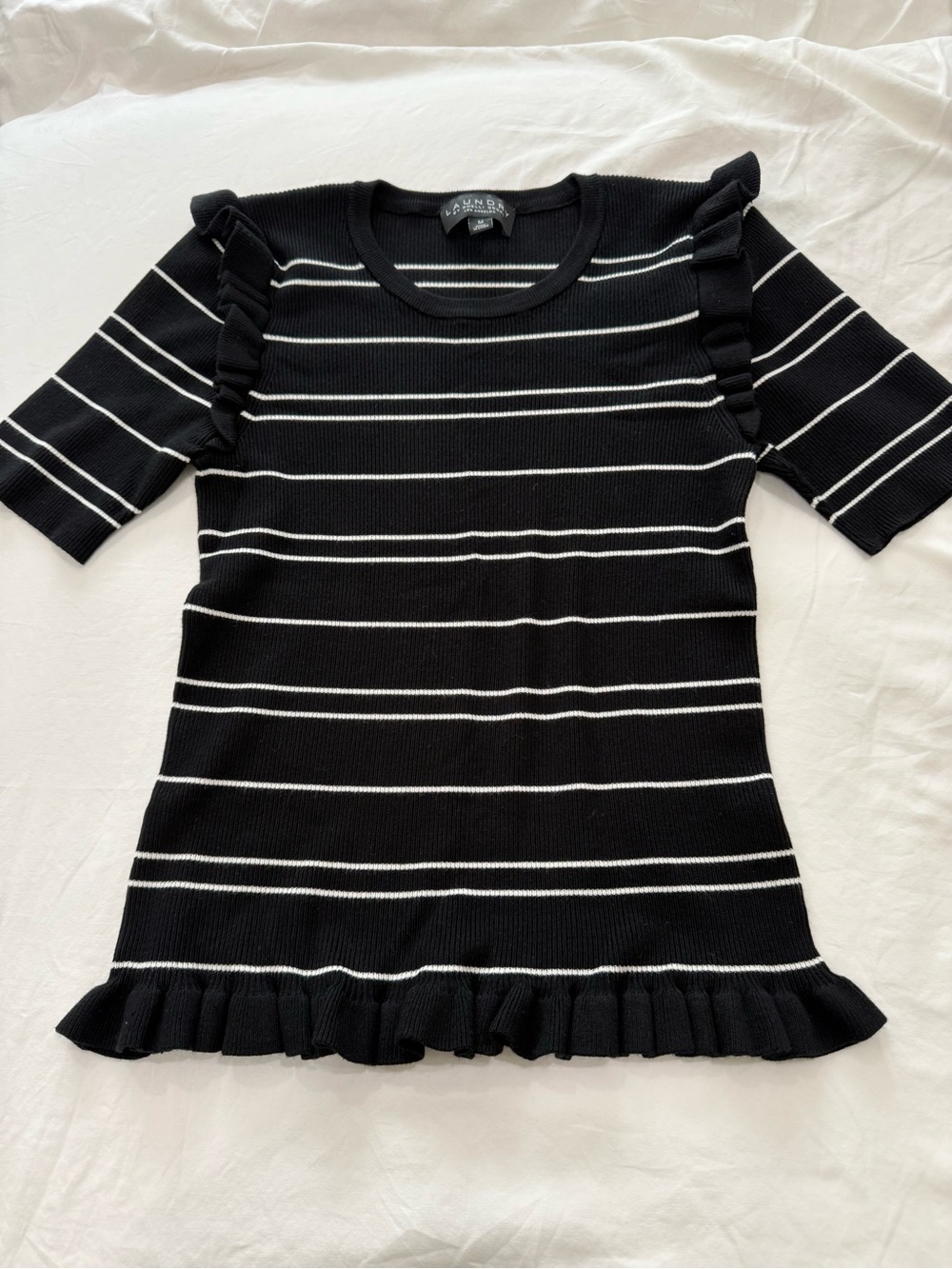 Laundry Black & White Striped Ruffle Sleeve Knit Top